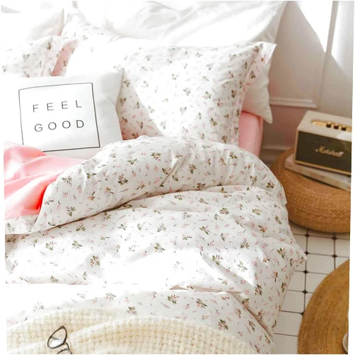 Faincy Floral Queen Size Comforter Set, Pink White Flower Leaf Pattern Printed Preppy Reversible Alternative Bed Sets - 90 x 90 3PC Soft Microfiber Duvet Vintage Bedding in a Bag for Women Girls