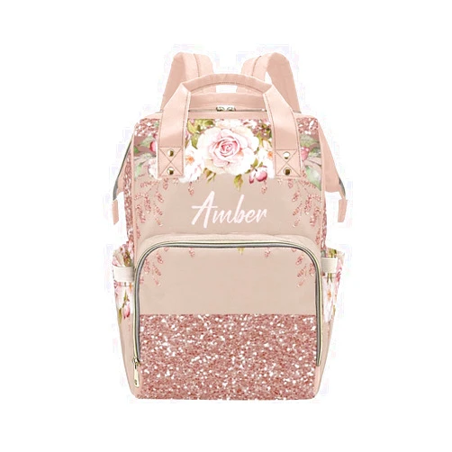 XOZOTY Print Pink Rose Diaper Bags Backpack with Name Personalized Baby Bag Nursing Nappy Bag Gifts