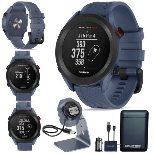 Certified Brands Garmin Approach S12 Golf Watch | Preloaded with 42k CourseView Maps | Scorekeeping Functionality | Uploads Scores to Garmin Golf App | Sunlight Readable Display with Signature Stand Power Bundle