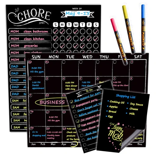 JJPRO Magnetic Chalkboard Monthly Calendar - Reward Chore Chart Blackboard Combo Set with Neon Bright Liquid Chalk Markers - Bonus Grocery List and Notepad Blackboard for Refrigerator Included