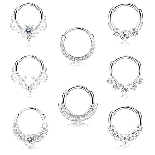 LOYALLOOK 8PCS 16G Septum Clicker Ring Stainless Steel CZ Opal Cartilage Helix Tragus Hoop Daith Earrings Nose Rings Hoop Hinged Segment Clicker Ring Piercing Jewelry