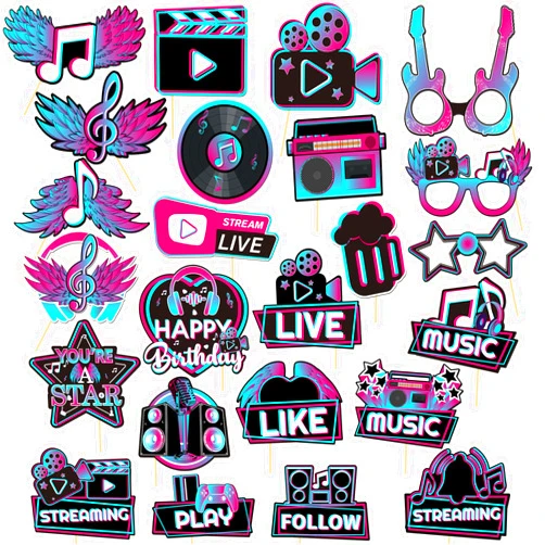 Helewilk 23 Piece Music Photo Booth Props for TIK Tok, Disco Musical Theme Short Video Party Supplies, Happy Birthday Table Toppers Sign Decorations
