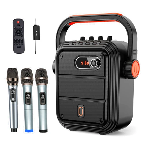 JYX Karaoke Machine with 3 UHF Wireless Microphones, 5200mAh Portable Microphone Speaker Set Bluetooth 5.0 Rechargeable PA System with TWS, FM, REC, Supports Bluetooth/USB/TF Card/Aux-in for Party