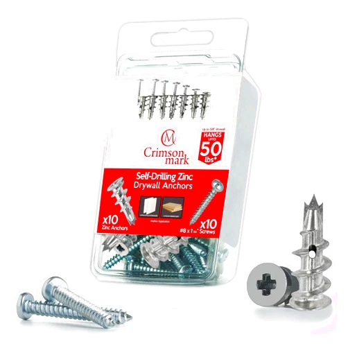 CrimsonMark 20Pcs Zinc Self Drilling Drywall Anchors and Screws kit #8 x 1-1/4”- Metal Wall Anchors for Drywall Heavy Duty, Holds Upto 50lbs – No Drill Hole Required with Dry Wall Screws and Anchors