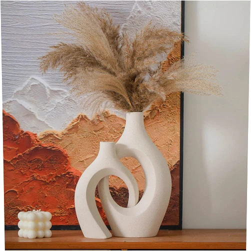 Levvohd XL Beige Ceramic Vase Set of 2 for Modern Home Decor, Eclectic Entryway Modern Boho Hollow Flower Vases for Living Room Bookshelf Dining Coffee Table Centerpiece (W 6.8
