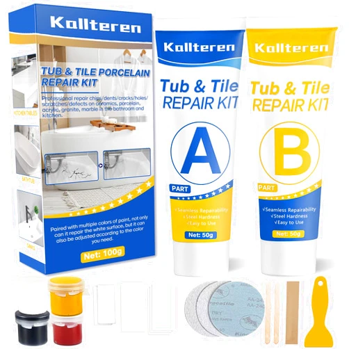 Kallteren Porcelain Repair Kit, Fiberglass Tub Repair Kit, Tile and Bathtub Repair Kit for Any Cracks Chips, Quickly Repair Resin, Ceramic, Marble Shower Sink, Acrylic Quartz Countertop (White)