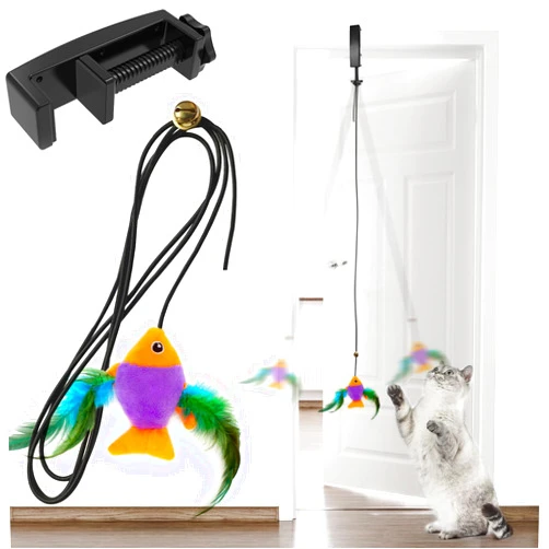 MPISAL Interactive Cat Toys, New Spiral Clamping Teasing Cats Toys for Indoor, Pet Exercise Toy, Contains Catnip Bouncing Bird Toys, Door Frame Feather Cat Toy with Bell(Flying Fish)
