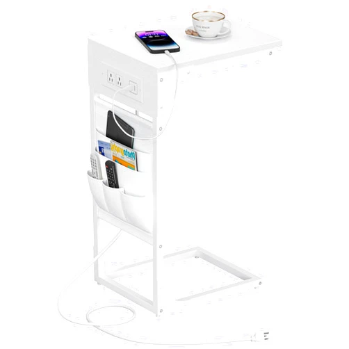 TUTOTAK C Shaped End Table with Charging Station, Side Table for Sofa, Couch Table with Storage Bag, TV Tray Table with 2 USB Ports and Outlets for Living Room, Bedroom, White TB01BW024