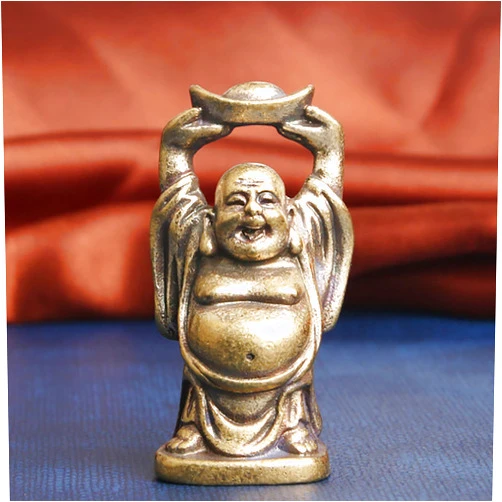 LOTONJT Solid Brass Statue Laughing Buddha Stature Metal Art Auspcious Amulet Feng Shui Wealth Statue Maitreya Holding Ingot Garden Yard Sculpture for Happiness Money Luck