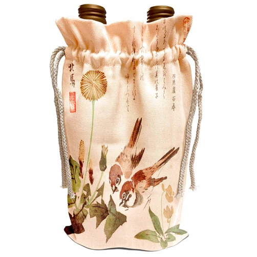 3dRose Japanese Vintage Art Sparrow Birds and Dandelion Flowers Beige... - Wine Bags (wbg-364633-1)