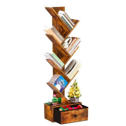 OUTONLIFE Tree Bookshelf with Drawer, 6 Tier Book Shelves, Narrow Floor Standing Bookcase, Corner Book Storage Rack for CDs/Movies/Books, Wood Bookshelves for Living Room, Home Office, Bedroom