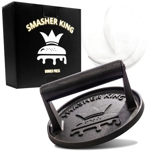 SMASHER KING™ - Premium Cast Iron Smash Burger Press incl. 25 pcs of Patty Paper, Burger Smasher for Griddle with Black Wood Handle, Perfect Hamburger Press
