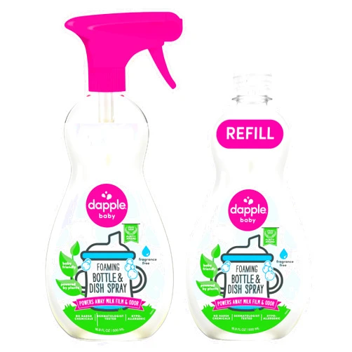 Dapple Baby Bottle & Dish Foaming Power Spray, Hypoallergenic Dish Soap for Baby Bottles, Powered by Plants, Fragrance Free, 16.9 Fl Oz (Pack of 2)