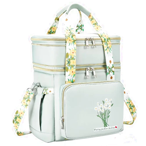 Gafetrey Lunch Box Bag for Women - Insulated Lunch Bag: Expandable Double Cooler Bag - Reusable Adult Lunchbox with Green Flower
