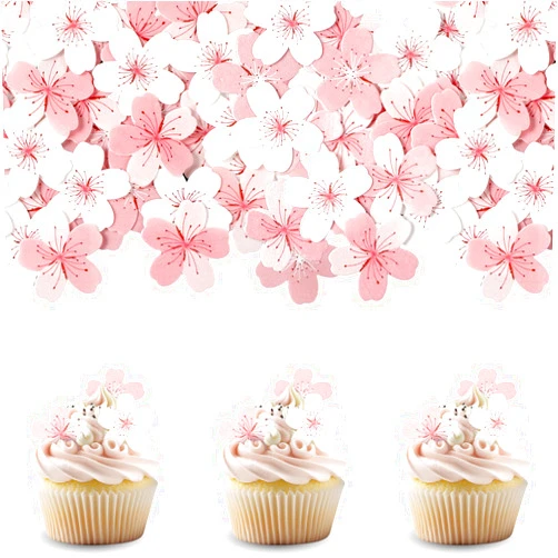 DIVINA VITAE 60 Pcs Edible Cherry Blossom Cake Decorations Edible Cherry Blossom Flowers Cupcake Toppers Wafer Paper Flowers Cake Topper Edible Rice Paper Cake Flowers for Birthday Party Food Decorations Supplies