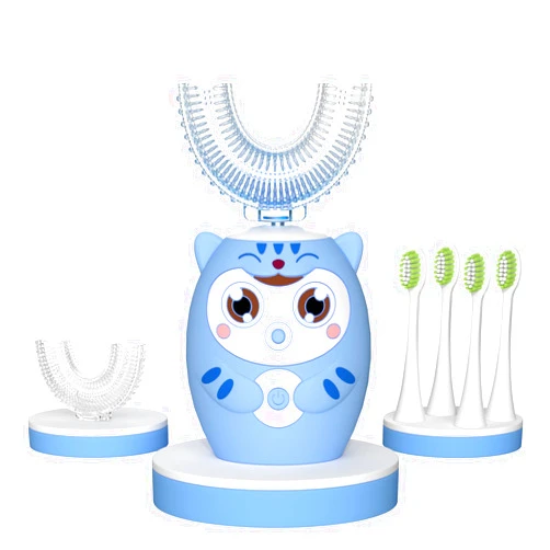 PVOGRT Kids Electric U Shaped Toothbrush, Childrens Toothbrush with 6 Soft Brush Heads Automatic Sonic Toothbrush Rechargeable with 6 Cleaning Modes - (Age8-15 Blue)