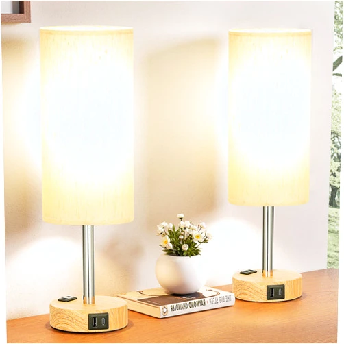 Fenmzee Small Touch Table Lamps Set of 2-3-Way Dimmable, USB A + C Charging, AC Outlet, Wood Grain Base, Bulbs Included