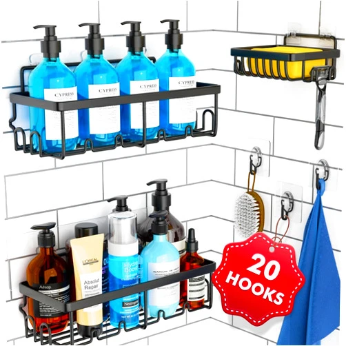 Hofnie Shower Caddy 3 Pack, Adhesive Shower Organizer with 20 Hooks, 3 Adhesive Hooks, Large Capacity,Stainless Steel Black Shower Shelves,No Drilling,Easy Installation Shower Shelf for Inside
