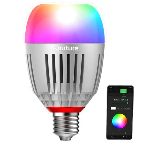 Aputure Accent B7C Smart Led Light Bulbs 7W RGBWW,TLCI 96+ CRI 95+ 2,000K-10,000K Adjustable 0-100% Stepless Dimming CCT/HSI/FX Mode App Control Built-in Battery/AC Power via E26/E27 Socket