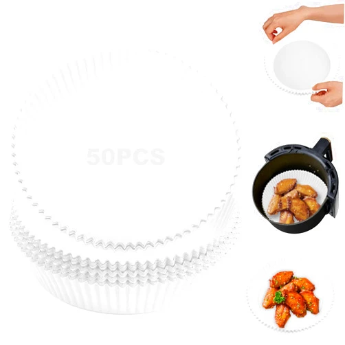 Numola Air Fryer Disposable Paper Liner, Numola 6.3in Liners for Air Fryer, 50Pcs Non-Stick Air Fryer Paper Liners, White Air Fryer Basket Liner, Parchment Paper for Baking, Cooking, Roasting