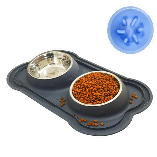 JOJOPEPE Dog Bowls Stainless Steel Slow Feeder Set with Silicone Mat-100% Waterproof BPA Free Cat and Dog Food Bowls No-Spill and Non-Skid-Pet Feeder Water Bowls for Puppy Medium Dogs Cats