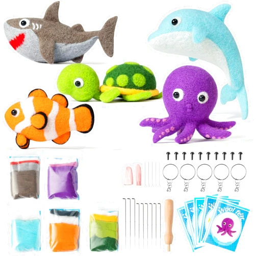 WATINC Set of 5 Sea Wool Needle Felting Kit, Ocean Animals Doll Making Wool Needle Felting Starter Kit, DIY 5 Unique Designs Needle Felting Craft Home Decoration Birthday Gift for Adult and Kids