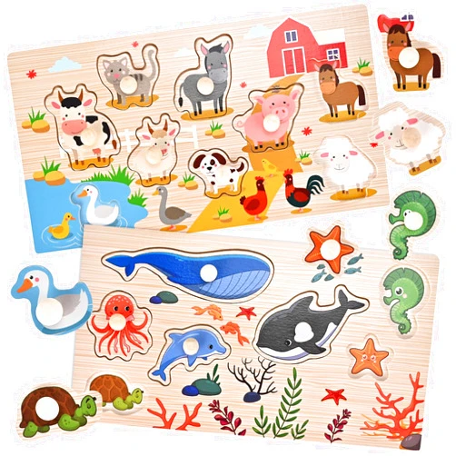 Wooderma Wooden Peg Puzzles for Toddlers 1 2 3 Years Old, 2 Pack Montessori Educational Learning Puzzles Set, Toddler Puzzles Toy with Animal and Sea Themes, Great Preschool Present for Girls and Boys