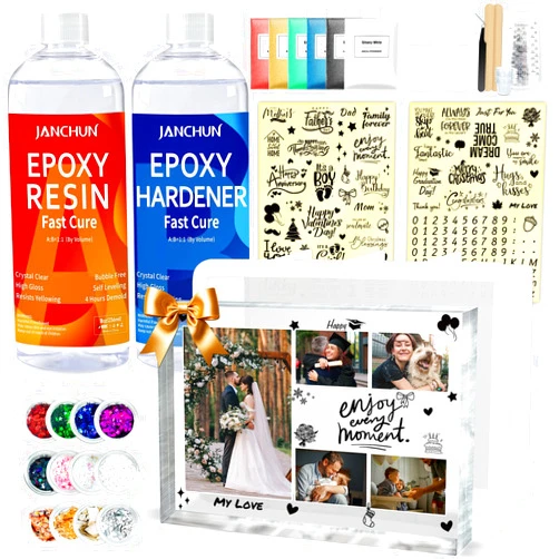 JANCHUN Resin Picture Frames Craft Kit, 16oz Resin Kit and Molds Complete Set with Photo Frame Word Stickers Gift for Couples, Family, Friends, Birthday, Graduation, Baby, Wedding, Back to School
