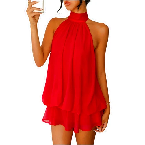 Geulis Women's 2026 Summer Halter Dresses Sleeveless Backless Layered Sundresses Mesh Ruffle Mini Dress Beach Wear