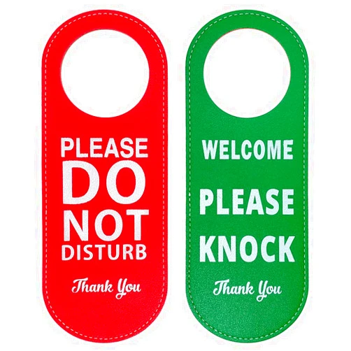 QINIZX 2 Pack Do Not Disturb Door Hanger Sign, PU Leather Double Sided Welcome Please Knock Sign, Please Do Not Disturb Signs for Office Home Clinic Dorm Hotel Online Class and Meeting Session (Red+Green)