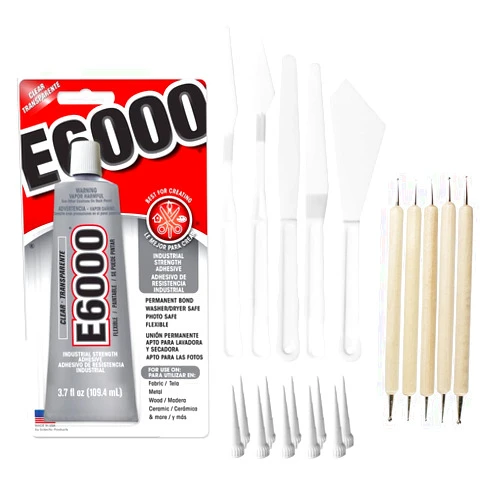 E6000 Craft Adhesive Bundle: 3.7 fl oz Tube with 10 Snip Tip Applicators, Set of 5 Plastic Spreader Tools and Set of 5 Nail Dotting Tools - Double-Headed with Various Sizes for Optimal Application