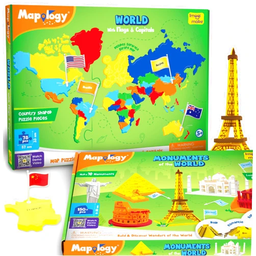Imagimake Mapology World Map Puzzle & Monuments Bundle | 3D Puzzles for Kids | Learn Wonders of The World, Countries & Capitals for Ages 5-13