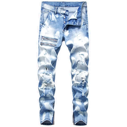 HENGAO Men's Ripped Jeans Slim Fit Stretch Straight Fit Denim Pants