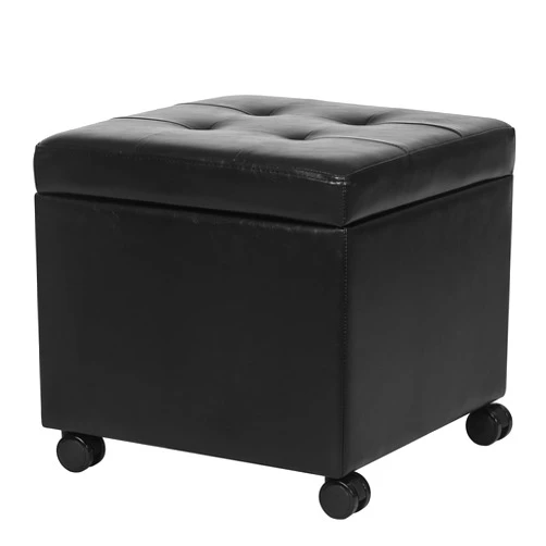 Homebeez Leather Storage Ottoman with Steerable Rolling Wheels, Square Small Foot Rest Stool Tufted Cube Footstool with Hinged Lid, Black