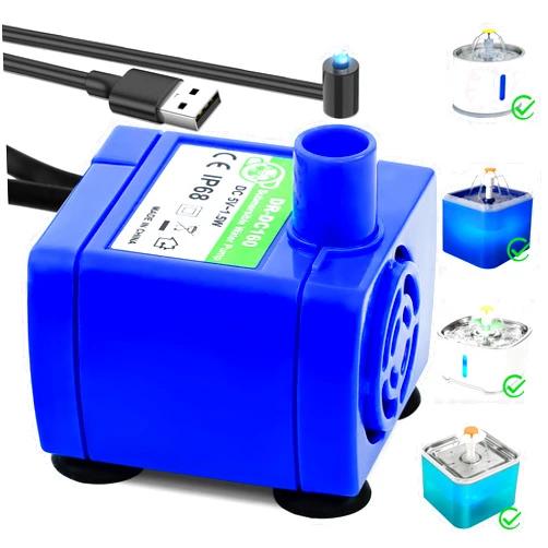 Supersuki Cat Water Fountain Pump, Pet Water Fountain Pump Replacement Compatible Motor, DR-DC 160 Submersible Water Pump with LED Light for Round, Cubic, Flower Cap,Stainless Steel Cat Fountain