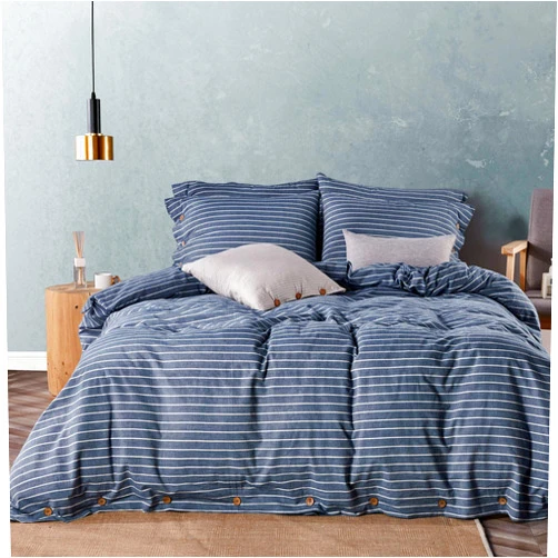 JELLYMONI Pinstriped 100% Washed Cotton Linen Like Duvet Cover Set, 3 Pieces Luxury Soft Bedding Set with Buttons Closure, Blue Stripes Pattern Printed Duvet Cover Queen Size(No Comforter)