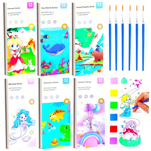 BAOXUE 6 Pack Water Color Paint Sets for Kids,Pocket Watercolor Painting Book,Paint with Water Coloring Books for Toddlers Ages 2 3 4 5 6,Travel Arts and Crafts Kit for Girls Boys 4-8 Year Old