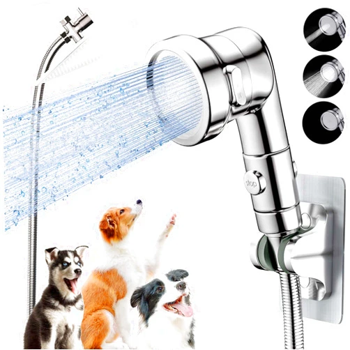 Ganciu Dog Shower Attachment for Convenient Dog Bath, 3-mode High Pressure Handheld Dog Shower Head, Indoor Shower Dog Wash Sprayer Kit Includes 8.2-Foot Hose, 3-way Diverter, Dog Brush and Adhesive Holder
