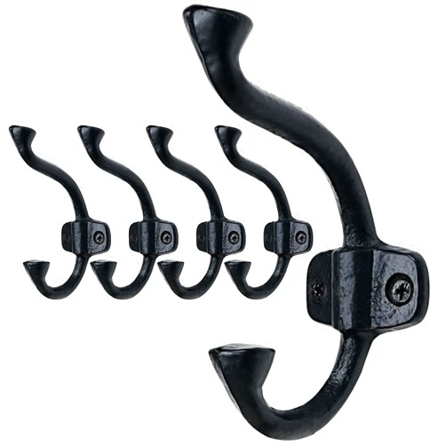 SKOLOO Heavy-Duty Black Wall Hooks Set - Farmhouse Style Cast Iron Hooks, Pack of 5 - Ideal for Backpack, Coat, and Towel Hooks - Perfect for Entryway, Mud Room, and Bathroom Storage