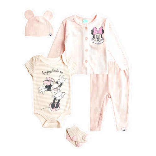 Disney Baby Girls Take Me Home Set - 5 Piece Minnie Mouse Bodysuit, Shirt, Pants, Hat, Socks - Newborn Infant Essential, 0-9M