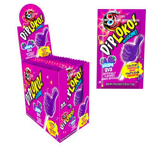 DIPLOKO! Boom Crackling Lollipop | Explosion of Flavor in the Mouth | Popping candy | 0.39 Oz Net Weight per Unit | 24 Count | Artificially Flavored (Grape, 24 Count)
