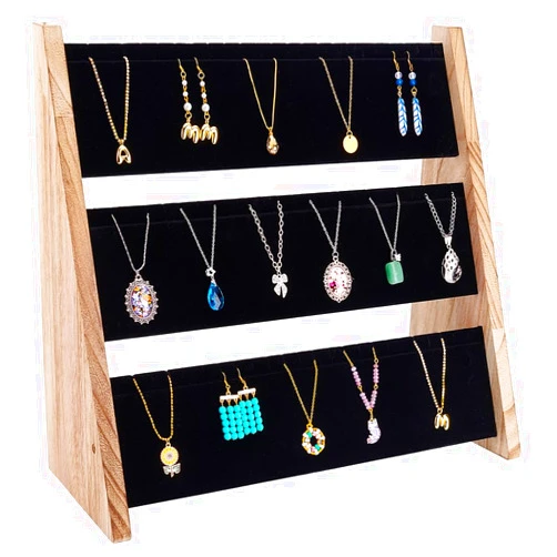 PH PandaHall Necklace Jewelry Display Holder 3 Tier Wood Pendant Holder Display Stand with Black Velvet Large Capacity Necklace Organizer Stand Jewelry Display for Home or Selling Show