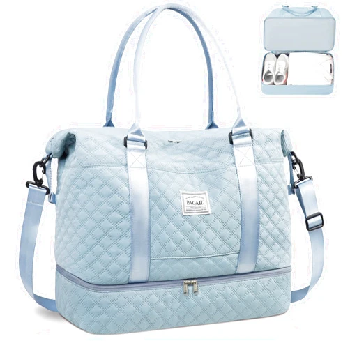 BAGAIL Travel Duffel Bag, Weekender Bags for Women, Overnight Gym Carry On Tote Bag with Wet Pocket, Hospital Mom Bag for Labor and Delivery - Extra Large, Grid-Light Blue