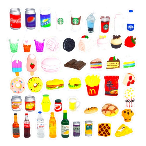 HSJH 50 Pcs Miniature Food Drink Bottles Soda Pop Cans Pretend Play Kitchen Game Party Accessories Toys Hamburg Cake Ice Cream for 1/12 Doll House (25Food+25Drink)