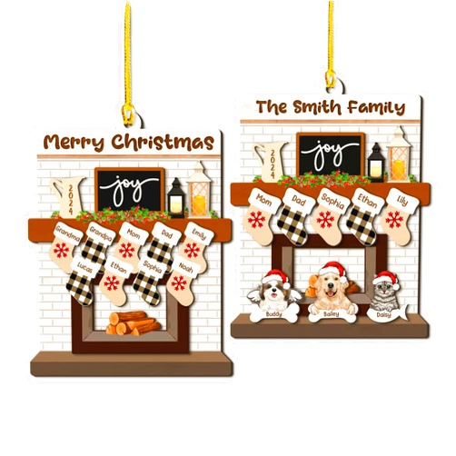 Unifury Personalized Family Ornaments with Dogs & Cats, Family of 2,3,4,5,6,7,8,9,10,11,12, Family Christmas Ornaments 2024, for Family Members, Family with Pet Dog Cat Fireplace