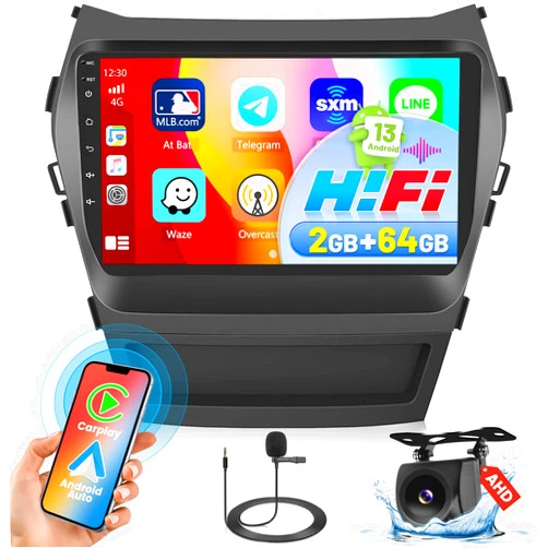Hikity 2+64G Hikity Android 13 Stereo CarPlay for Hyundai Santa Fe 2013-2017, 9 Inch HD Touchscreen Radio with Android Auto in-Dash GPS Navigation System HiFi BT RDS Backup Camera