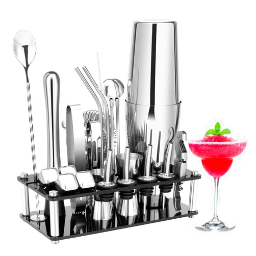 KINGROW Cocktail Shaker Set, 23-Piece Boston Stainless Steel Bartender Kit with Acrylic Stand & Cocktail Recipes Booklet, Professional Bar Tools for Drink Mixing, Home, Bar, Party (Include 4 Whiskey Stones)