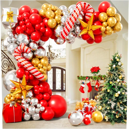 Bonropin Christmas Balloon Garland Arch Kit with Xmas Red and Gold Silver Balloons Candy Cane Balloons Gift Box Balloons Starburst Balloons for New Year Winter Christmas Party Decorations