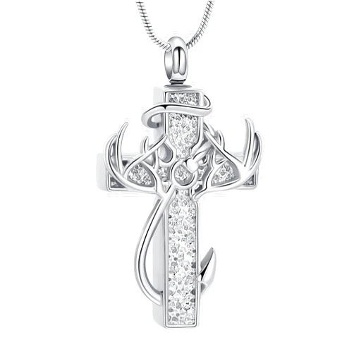 zeqingjw Cross Urn Necklace Fish Hook Cremation Jewelry for Ashes Pendant Stainless Steel Deer Antler Cross Memorial Human Pet Keepsake Ashes Holder for Men Women