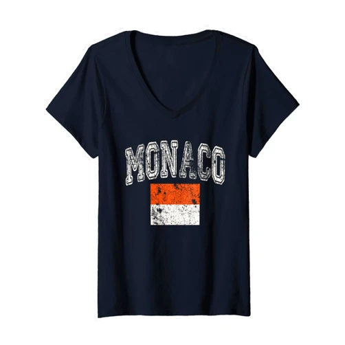 Threadrock Womens Vintage Retro Faded Monaco Flag Monegasque Pride V-Neck T-Shirt
